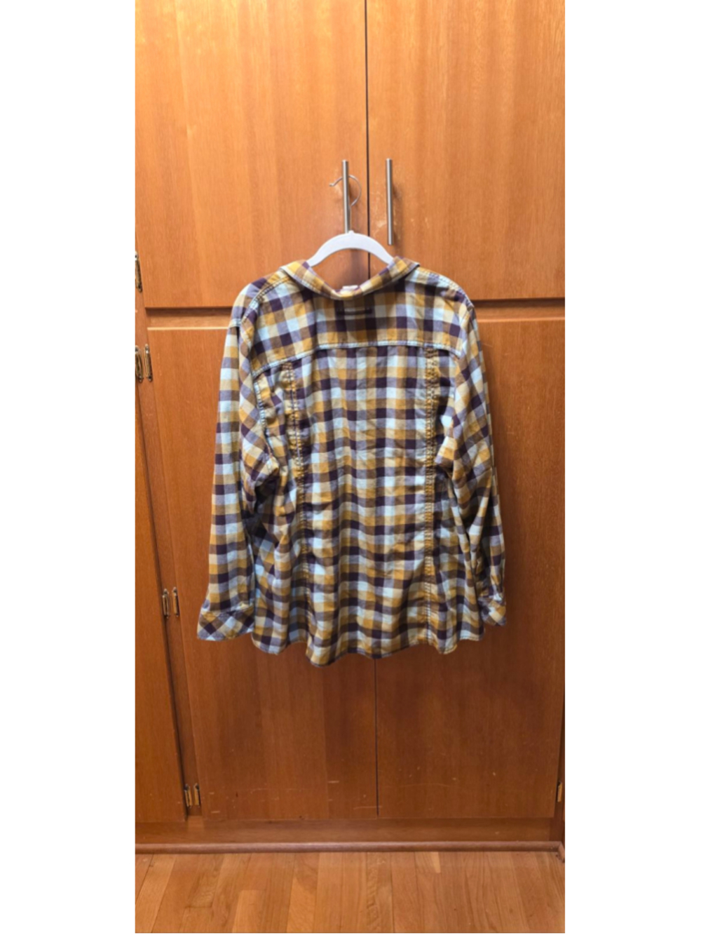 Duluth Trading Co. Women’s 2X Mustard Blue Plaid 100% Cotton Button Front Shirt